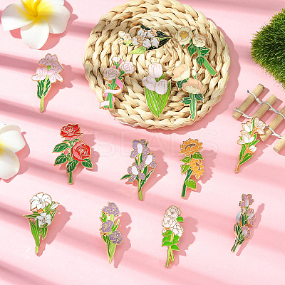 14Pcs 14 Styles Flower Enamel Pins JEWB-CJ0001-75-1