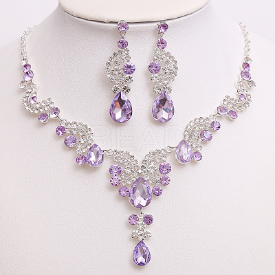 Teardrop & Moon Alloy Rhinestone Pendant Necklace & Stud Dangle Earring FS-WG0A8BD-03-1