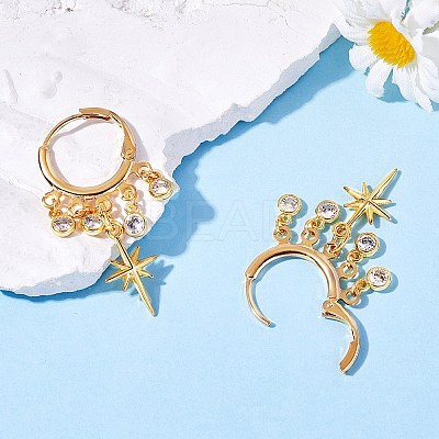 Star Brass Dangle Huggie Hoop Earrings EJEW-SW00001-06-1