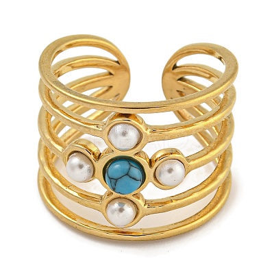 Round Synthetic Turquoise & ABS Plastic Imitation Pearl Finger Rings RJEW-U015-01G-1