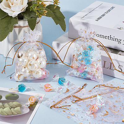 50Pcs Gold Stamping Moon & Star Organza Drawstring Gift Storage Bags OP-BBC0001-03A-01-1