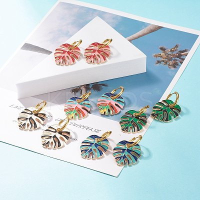 Monstera Leaf Enamel Charm Dangle Hoop Earrings EJEW-JE04853-1