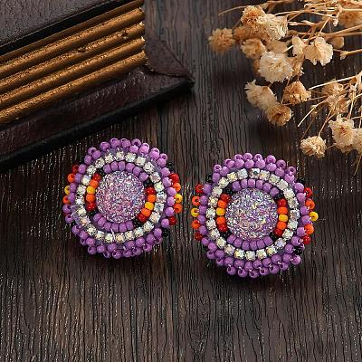 Bohemian Style Vintage Colorful Glass Seed Bead & Rhinestone Beaded Stud Earrings VY5957-9-1