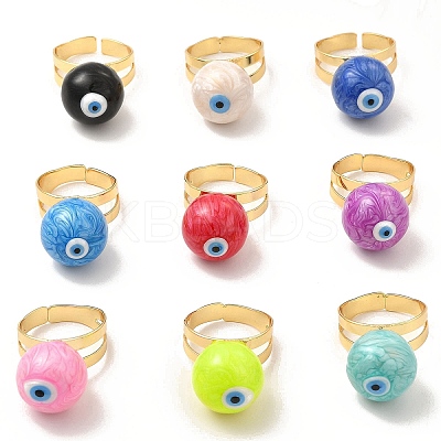 Enamel Round with Evil Eye Beaded Open Cuff Ring RJEW-E069-03G-1