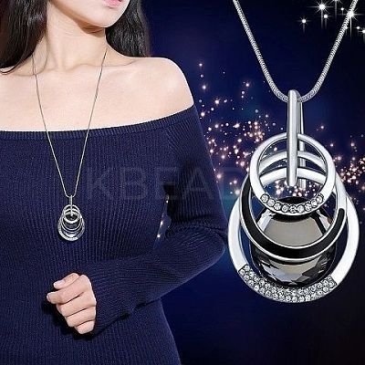 Alloy Crystal Rhinestone and Dodger Blue Glass Pendant Long Necklaces FS-WG47C14-06-1