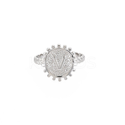 Non-Tarnish 304 Stainless Steel Flat Round with Initial Letter Open Cuff Ring for Men Women RJEW-S405-246P-V-1