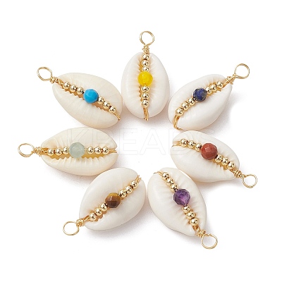 7Pcs Natural Cowrie Shell Copper Wire Wrapped Pendants PALLOY-JF02278-1
