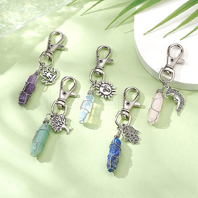 Wire Wrapped Mixed Gemstones Bullet Pendant Decorations HJEW-JM01061-1