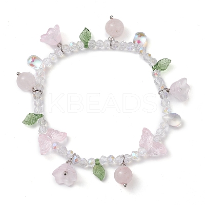 Natural Rose Quartz & Glass Beaded Stretch Bracelet with Flower Charms BJEW-JB10176-02-1