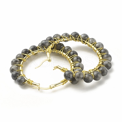 Natural Larvikite Beaded Hoop Earrings for Women EJEW-C003-03M-RS-1