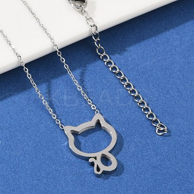 304 Stainless Steel Cat Outline Pendant Necklaces for Women NJEW-F339-03P-1