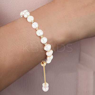 Dyed Natural Pearl & Brass Round Beaded Slider Bracelet BJEW-AN0001-02-1