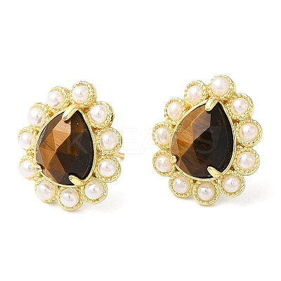 Ion Plating(IP) Natural Tiger Eye Teardrop Stud Earrings with Plastic Pearl Beaded EJEW-E599-05G-01-1