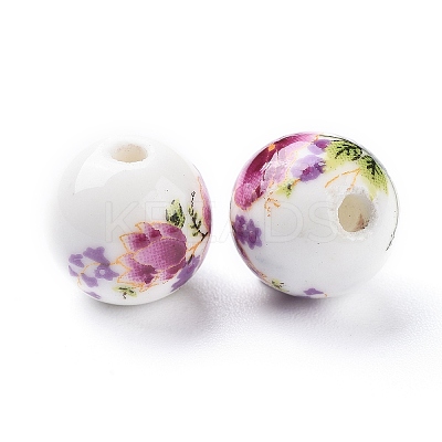Floral Printed Porcelain Beads X-CFF042Y-1