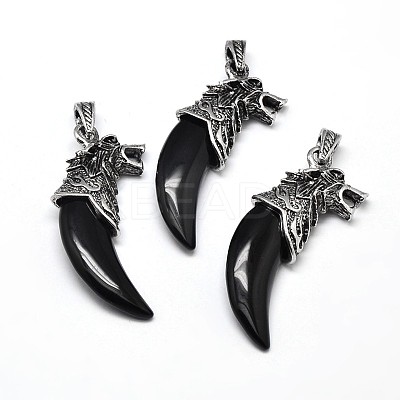 Tusk Shape with Wolf Antique Silver Zinc Alloy Natural Obsidian Big Pendants G-F228-63B-FF-1