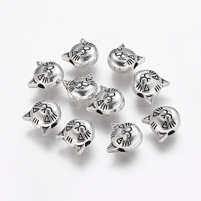 Tibetan Style Antique Silver Cat Head Alloy Beads X-TIBEP-GC178-AS-RS-1