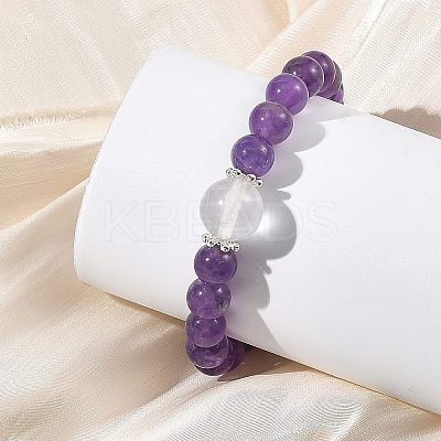 2Pcs 2 Styles Natural Amethyst & Quartz Crystal Round Beaded Stretch Bracelet Sets BJEW-TA00751-1