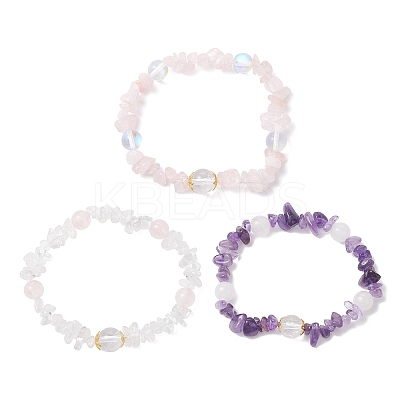 3Pcs Natural Quartz Crystal & Rose Quartz & Amethyst & Malaysia Jade & Synthetic Moonstone Beaded Stretch Bracelets for Women BJEW-JB12305-1