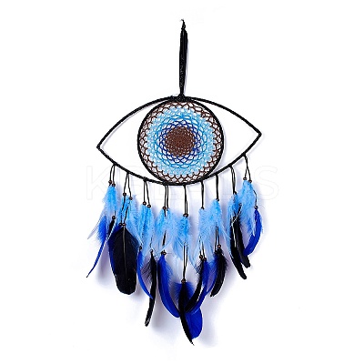 Handmade Evil Eye Woven Net/Web with Feather Wall Hanging Decoration LS-HJEW-K035-07-1