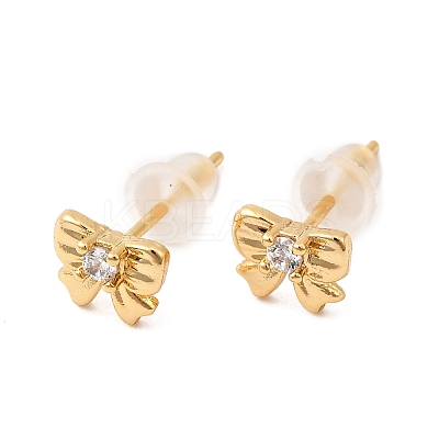 Bowknot Brass Micro Pave Clear Cubic Zirconia Stud Earrings EJEW-P331-11G-1