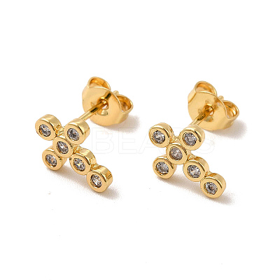 Rack Plating Brass Micro Pave Clear Cubic Zirconia Cross Stud Earrings EJEW-F301-28-1