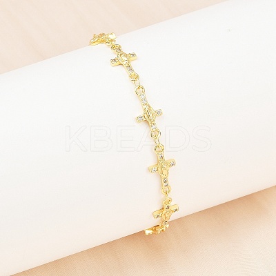 Virgin Mary Theme Brass Micro Pave Clear Cubic Zirconia Link Chain Bracelets for Women BJEW-A090-08A-G-1