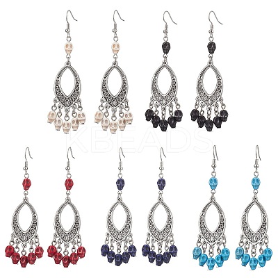 Halloween Skull Dyed Synthetic Turquoise & Alloy Dangle Earrings EJEW-JE05890-1