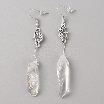 Natural Quartz Crystal Bullet with Moon Dangle Earrings EJEW-WH0009-41-1