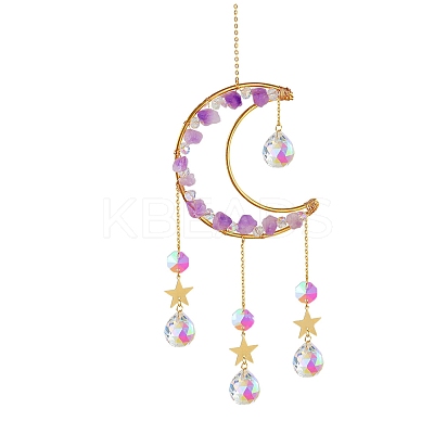 Natural Amethyst Chips Moon & Glass Teardrop Suncatchers LS-PW-WG75240-03-1