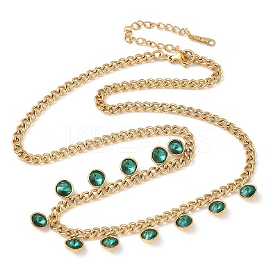 304 Stainless Steel Rhinestone Flat Round Tassel Twisted Chain Necklaces for Women NJEW-V010-01G-04-1