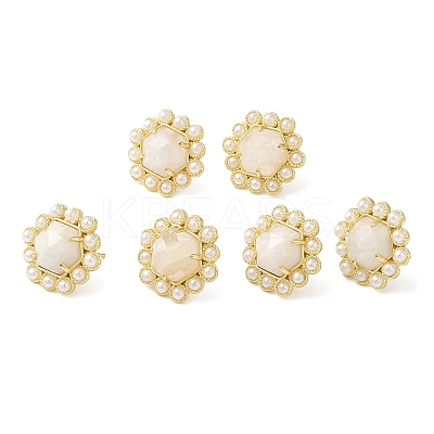 Ion Plating(IP) Natural Moonstone Hexagon Stud Earrings with Plastic Pearl Beaded EJEW-E287-01G-02-1