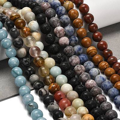 Natural Wood Lace Stone/Blue Spot Jasper/Black Netstone/Opal/Cherry Blossom Glass Beads Strands G-P562-C-02-1
