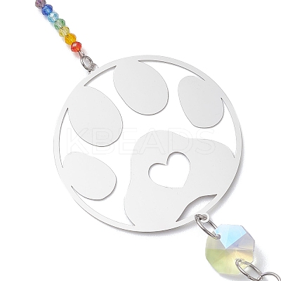201 Stainless Steel Paw Print Shape & Rainbow Crystal Glass Hanging Suncatcher HJEW-JM04679-1