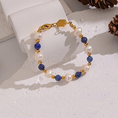 304 Stainless Steel & Natural Freshwater Pearl & Lapis Lazuli Beaded Bracelets for Women BJEW-B162-03G-1