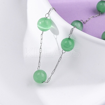 304 Stainless Steel Cat Eye Round Beads Handmade Chain Necklaces for Women NJEW-C073-01P-04-1