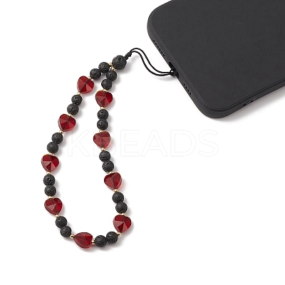 Round Natural Lava Rock & Heart Glass Beaded Mobile Straps HJEW-TA00027-1