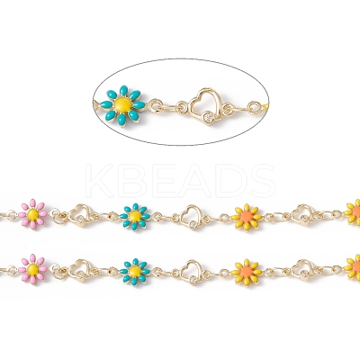 Handmade Eco-friendly Brass Enamel Flower & Heart Link Chain CHC-E025-35G-1