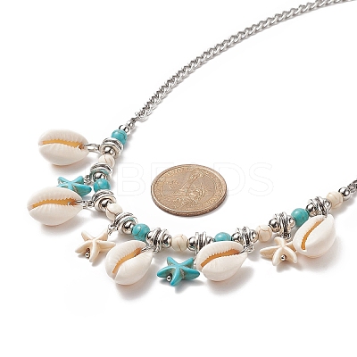 Synthetic Turquoise Starfish & Natural Shell Pendant Necklace NJEW-TA00063-1