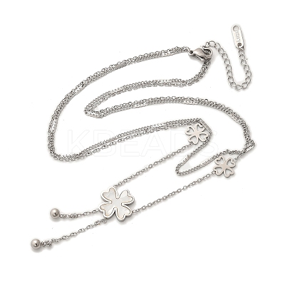 304 Stainless Steel Shell Pearl Clover Pendant Double Layered Necklaces for Women NJEW-U036-01P-1
