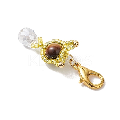 Natural Tiger Eye & Glass Seed Beaded Cat Pendant Decoration HJEW-MZ00157-03-1