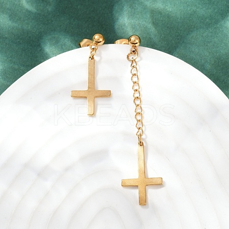 Christian Upside Down Cross 201 Stainless Steel Dangle Stud Earrings EJEW-P314-01C-G-1