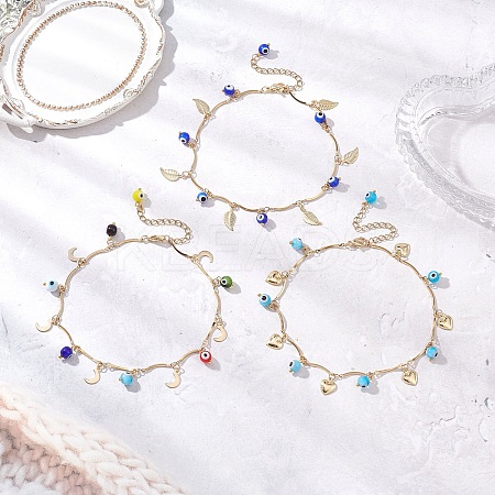 3Pcs 3 Styles Handmade Evil Eye Lampwork & Stainless Steel Moon Heart Leaf Tassel 304 Stainless Steel Curved Bar Link Chain Anklets for Women AJEW-AN00742-1