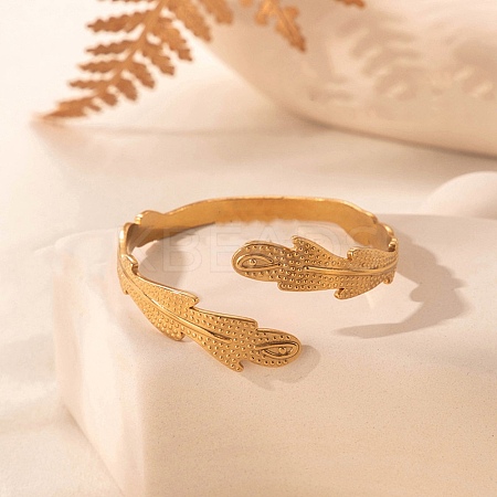 Leaf 304 Stainless Steel Cuff Bangles for Women BJEW-U032-09G-1