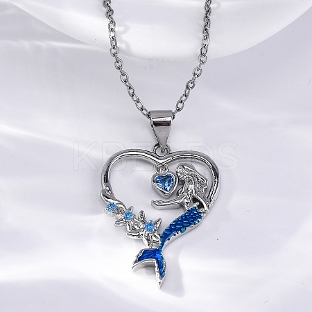 Brass Blue Cubic Zirconia Mermaid Heart Pendant Necklaces for Women LS-NJEW-C067-04P-1