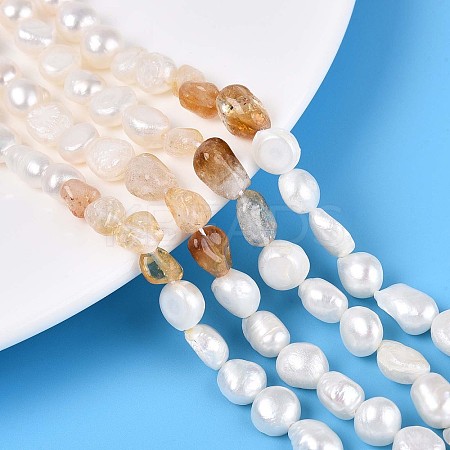 Heated Natural Citrine Nuggets & Natural Cultured Freshwater Pearl Beads Strands PEAR-N023-01A-15-1