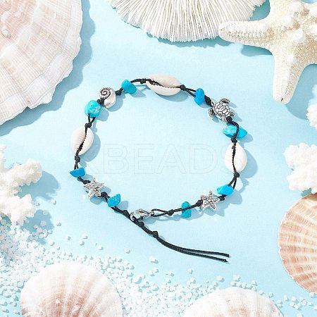 Beach Starfish Turtle Synthetic Turquoise & Natural Cowrie Shell Beaded Anklets AJEW-AN00687-01-1