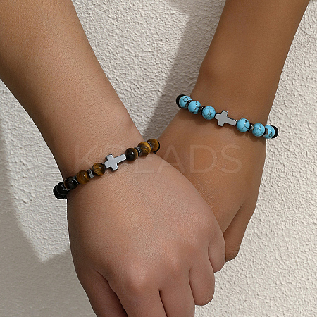 2Pcs 2 Styles Matte Natural Black Obsidian & Tiger Eye & Synthetic Turquoise Round Beads Stretch Bracelets IH5408-1