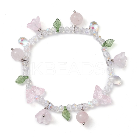 Natural Rose Quartz & Glass Beaded Stretch Bracelet with Flower Charms BJEW-JB10176-02-1