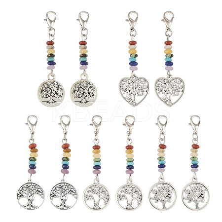 20Pcs 5 Styles Alloy Heart/Flat Round with Tree of Life Pendant Decorations HJEW-TA0001-22-1