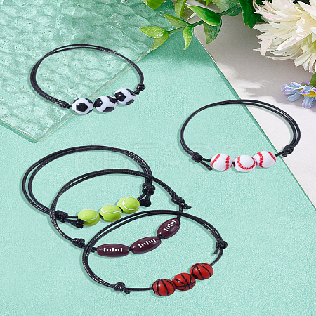 5Pcs 5 Styles Sport Theme Plastic Round Beaded Bracelet with Wax Rope BJEW-LP0002-77-1